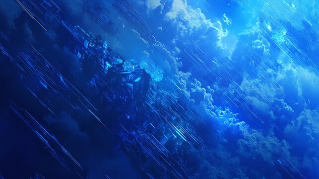 Blue Futuristic Sky with Neon Clouds and Holographic Light Evoking a Cyberpunk and Sci-Fi Atmosphere