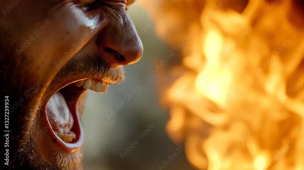 Poster Intense close up of a man screaming with fire in the background showcasing raw emotion and dramatic lighting : Generative AI