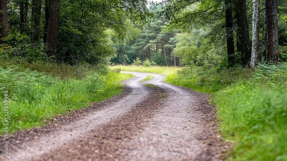 Aufkleber Winding dirt path through lush green forest with trees on either side inviting exploration : Generative AI