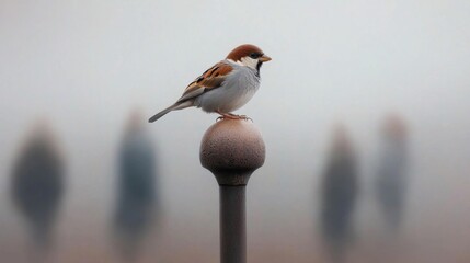 Sparrow perched on post in fog with people blurred in background