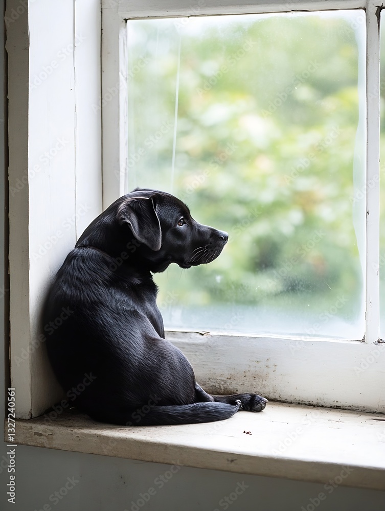 Poster adorable black puppy gazing out of window deep in thought on a quiet day : generative ai