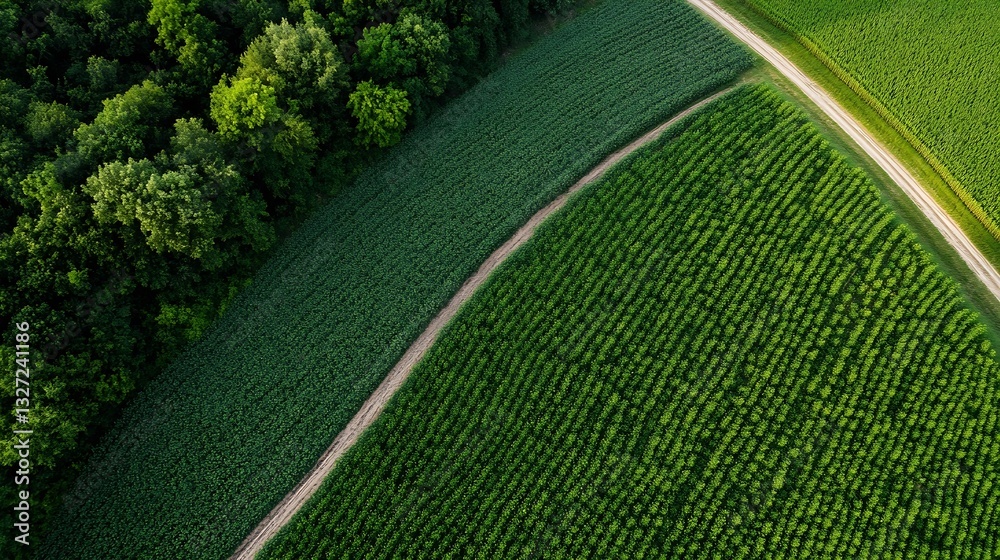 Poster Aerial view of lush green agricultural fields with neat rows and tree borders in vibrant colors : Generative AI