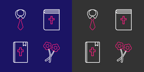 Set line Flower, Holy bible book, and Tie icon. Vector