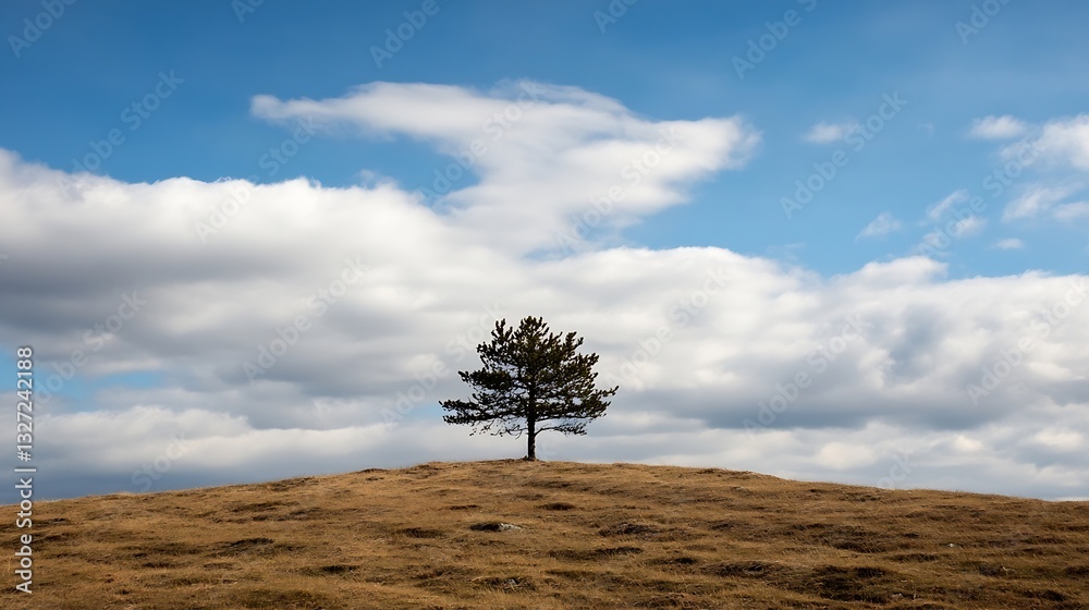 Poster isolated single tree standing on a grassy hill under a dramatic cloudy sky : generative ai