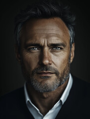 Fototapeta premium portrait of a man. hyper realistic interpretation of a 45-year-old male CEO, staring straight into the camera. Generative AI
