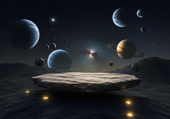 Floating Rock Podium on a Space Hill with Planets and Stars: A Dramatic Cosmic Scene for Product Showcase