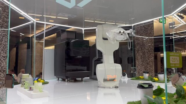 Warsaw, Poland, September 2, 2024, Frederic Chopin Airport, robot selling drinks - juices, coffee in the terminal.