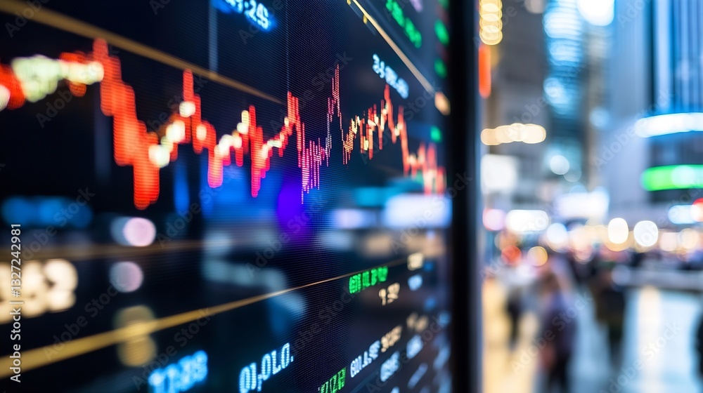 Fototapete Dynamic stock market display of financial data and trade activity in a bustling urban setting : Generative AI