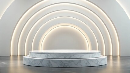 Obraz premium Minimalist stage design with curved lighting and marble podium.