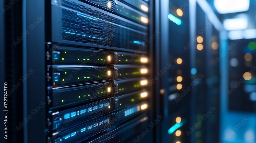 Aufkleber Modern data center filled with glowing servers and hightech equipment in a dark room : Generative AI