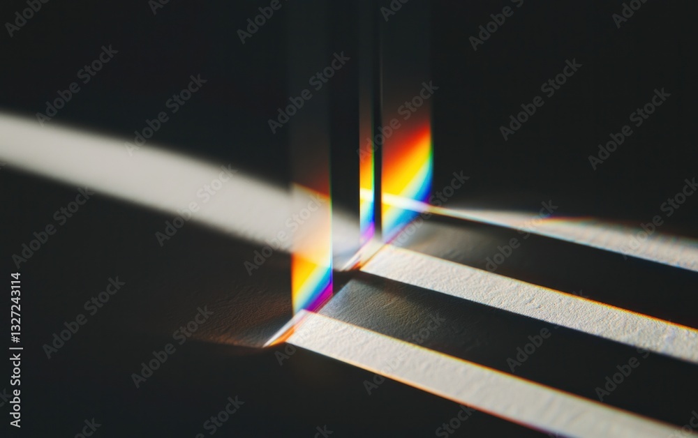 Poster abstract image featuring prismatic light refraction creating vibrant rainbow spectrum and sharp shad