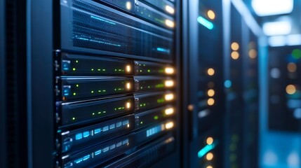 Modern data center filled with glowing servers and hightech equipment in a dark room : Generative AI