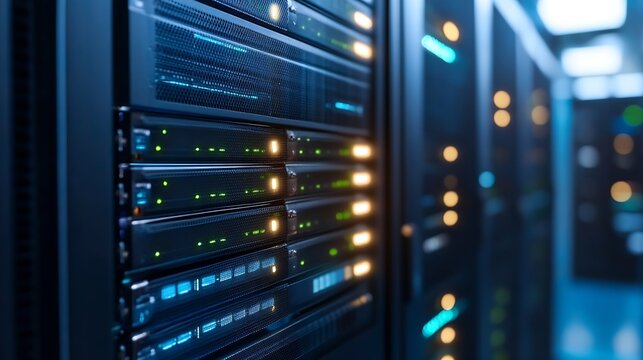 Modern data center filled with glowing servers and hightech equipment in a dark room : Generative AI - Powered by Adobe