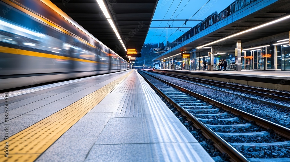 Aufkleber Dynamic view of an urban train station with blurred motion of a passing train and modern architecture : Generative AI
