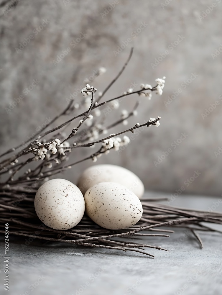 Poster three speckled eggs on a bed of twigs adorned with delicate blossoms create a natural aesthetic : ge