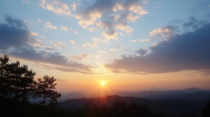 Fototapeta premium Breathtaking sunset over mountains illuminating the sky with warm colors : Generative AI