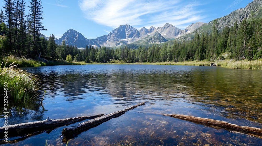 Poster stunning nature view of a calm lake surrounded by majestic mountains and dense evergreen trees : gen