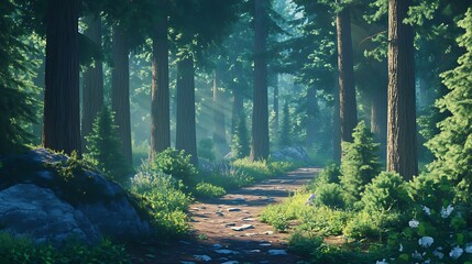 Naklejka premium Quiet Forest Trail with Tall Pine Trees