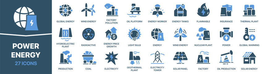 Power and energy colored signed icon collection. Factory, plant, oil, electricity, solar icons. UI icon set. Colored icons pack. Vector illustration © stas111