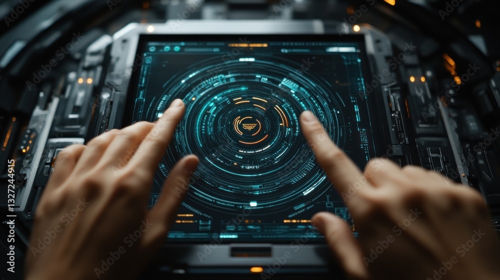 Poster futuristic technology interface: hands interacting with a high-tech tablet display