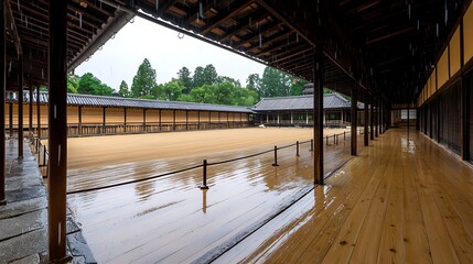 Fototapeta premium Serene Courtyard of Traditional Japanese Architecture Under Rainy Sky with Reflections