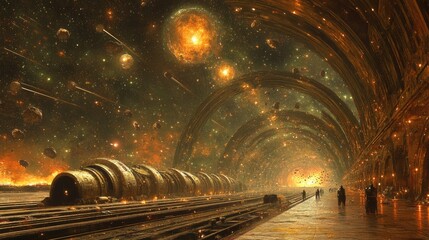Cosmic tunnel, futuristic, golden architecture, people walking, space travel, background; stock photo