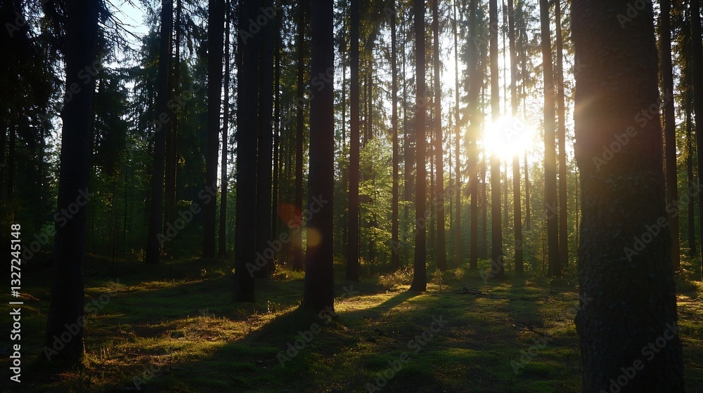 Aufkleber Golden hour in a serene forest with sunlight streaming through tall trees creating a warm and enchanting atmosphere : Generative AI