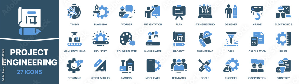 Poster project and engineering colored signed icon collection. plan, design, tools, engineer icons. ui icon