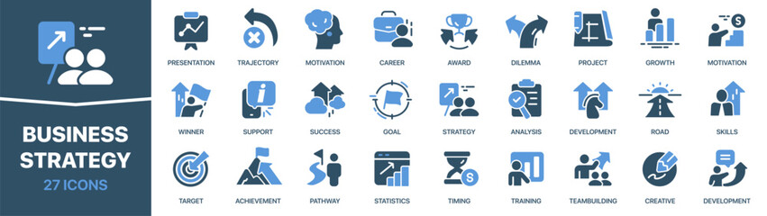 Business strategy colored signed icon collection. Startup, development, goal, analysis icons. UI icon set. Colored icons pack. Vector illustration