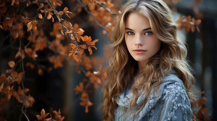 Naklejka premium young woman with long, wavy hair stands amidst autumn leaves, wearing cozy sweater. Her captivating blue eyes reflect beauty of season