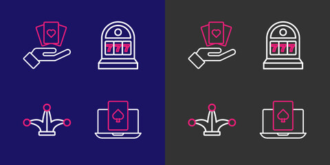 Set line Online poker table game, Joker playing card, Slot machine with jackpot and Hand holding cards icon. Vector