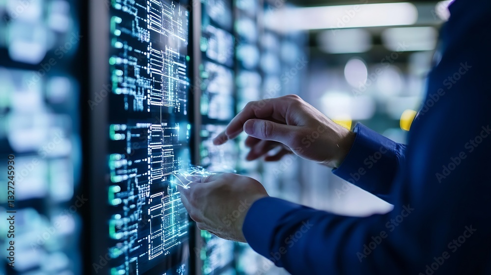 Fototapete Professional analyzing data on advanced digital screens in a modern control room filled with technology : Generative AI