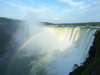 Fototapeta premium Majestic Waterfall with Rainbow and Mist in Serene Landscape