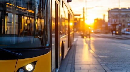 Fototapeta premium City bus at sunset with warm light illuminating the scene creating a picturesque urban environment : Generative AI