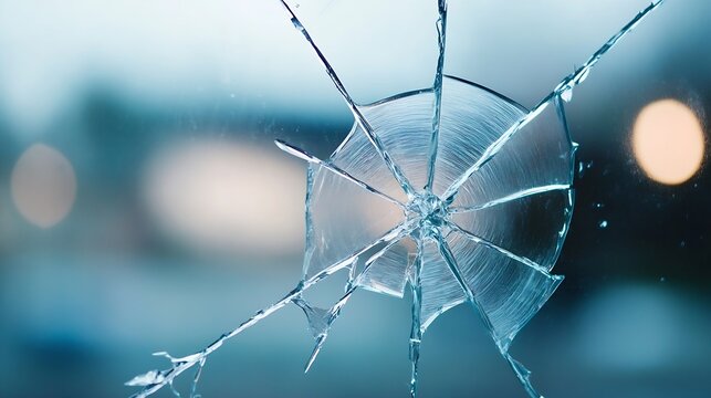 Close up of a cracked and shattered glass window showcasing intricate patterns of broken pieces of glass : Generative AI - Powered by Adobe