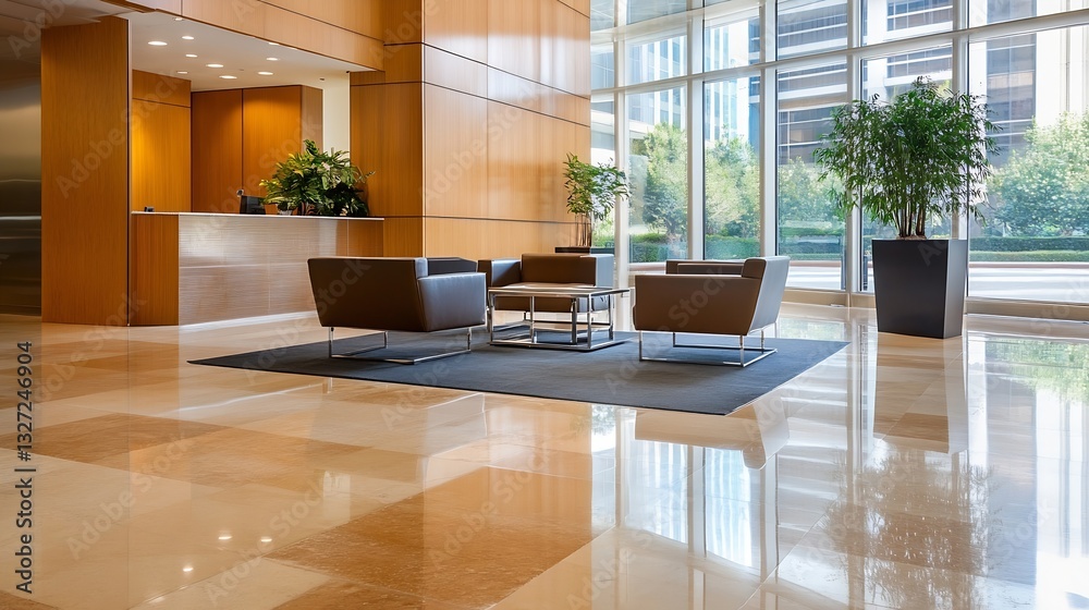 Leinwandbilder Modern lobby design featuring comfortable seating and large windows in a corporate setting : Generative AI