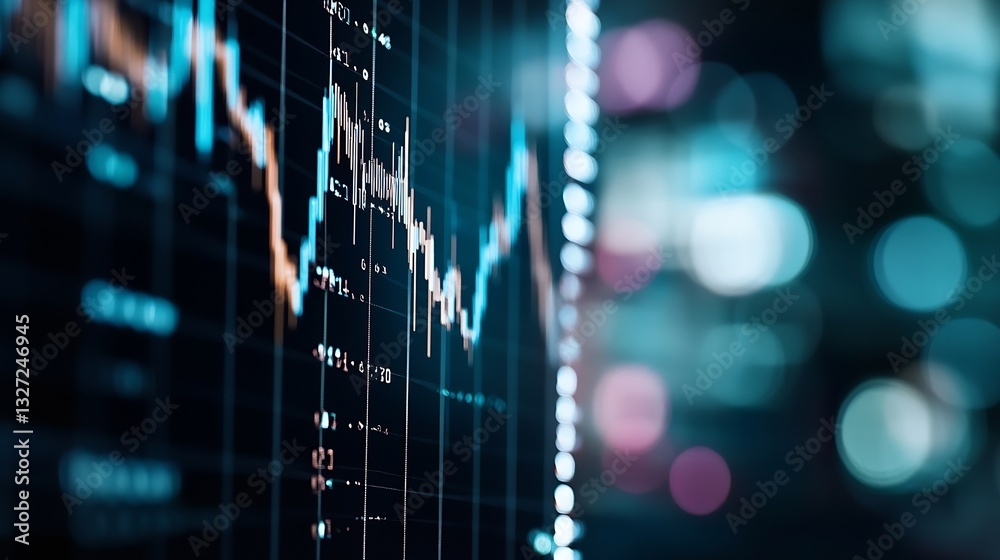 Aufkleber Abstract closeup of a stock market graph displaying fluctuating trends with vibrant bokeh effects : Generative AI