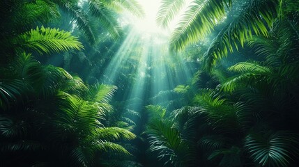 Lush tropical forest, sunlight filtering through dense foliage, nature background, ideal for travel/adventure/ecotourism brochures, environmental concepts