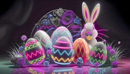 fluffy bunny sitting in green grass surrounded by colorful painted easter eggs pastel flowers bloom nearby sunlight shines gently springtime joy fills the air in this cheerful holiday scene