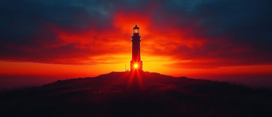 Fototapeta premium Lighthouse Sunset: A fiery spectacle of nature's beauty, silhouetted against a vibrant orange sky, the lighthouse stands tall, a beacon of hope and guidance.