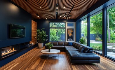 Naklejka premium Modern living room with fireplace, hardwood floors, and large windows overlooking a backyard