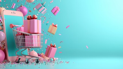 Shopping Cart on Phone Screen with Gifts, Ornaments, and Candies in Pastel Colors