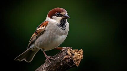 Eurasian Sparrow Perched on Branch, Dark Background