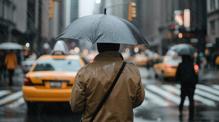 Passenger hailing a taxi on a rainy day in urban setting