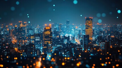 Fototapeta premium Night cityscape aerial view, city lights bokeh, urban glow