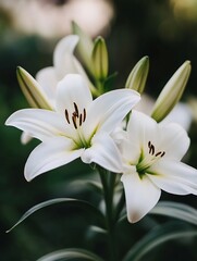 Naklejka premium Beautiful close up of white lilies with green background showcasing nature's elegance and delicate petals : Generative AI