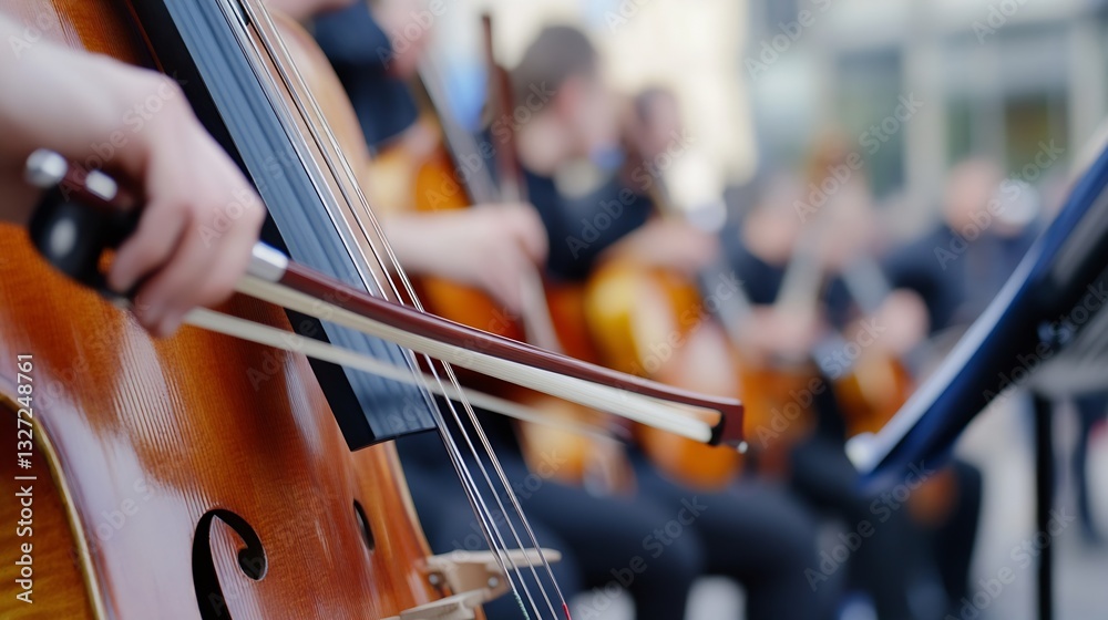 Poster Close up of a cello being played with musicians in the background during a lively performance : Generative AI