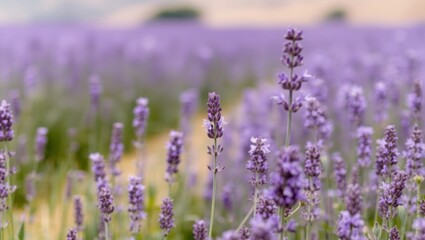 Lavender flowers blooming in a field of purple aromatic plants