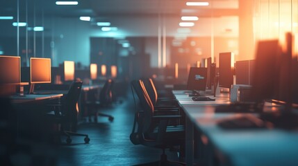 Fototapeta premium Empty Office at Sunset: A Serene Technological Landscape