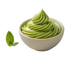 A bowl of green dessert and a fresh mint leaf, isolated on a transparent background, cut out, PNG 3D Digital Art, clip art.